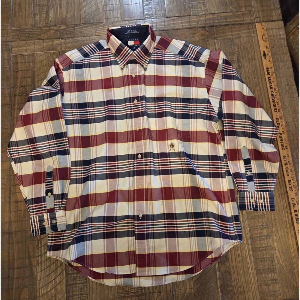 Vintage 90s Tommy Hilfiger  button down plaid shirt mens M Crest Flag